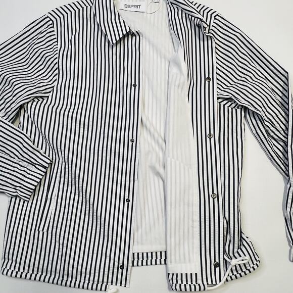 Esprit Jacket Womens Medium Black White Striped Button Up Drawstring Lightweight - Picture 9 of 13